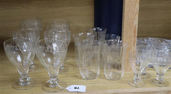 A sixteen piece part suite of etched glassware and a glass hors doeuvres dish